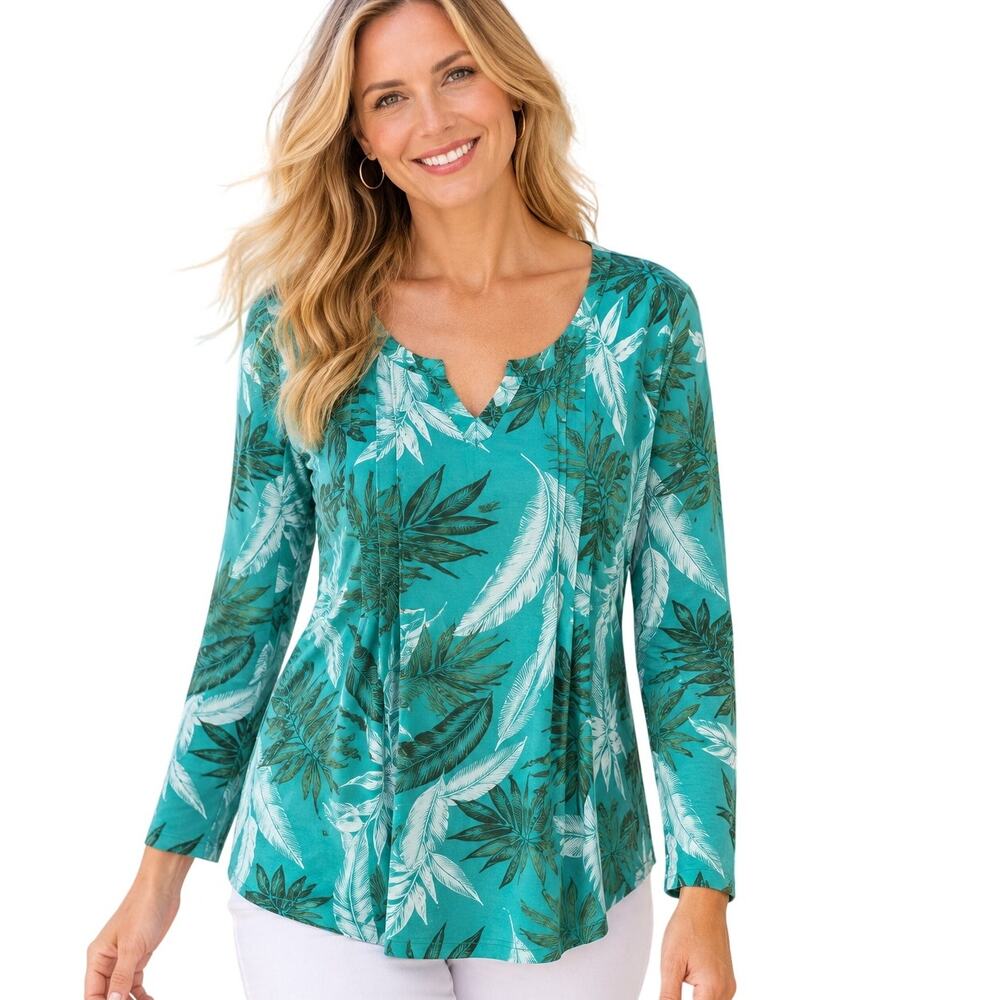 Talbots Tropical Pintucked Knit Top Womens Medium Turquoise Palm Aloha Tee